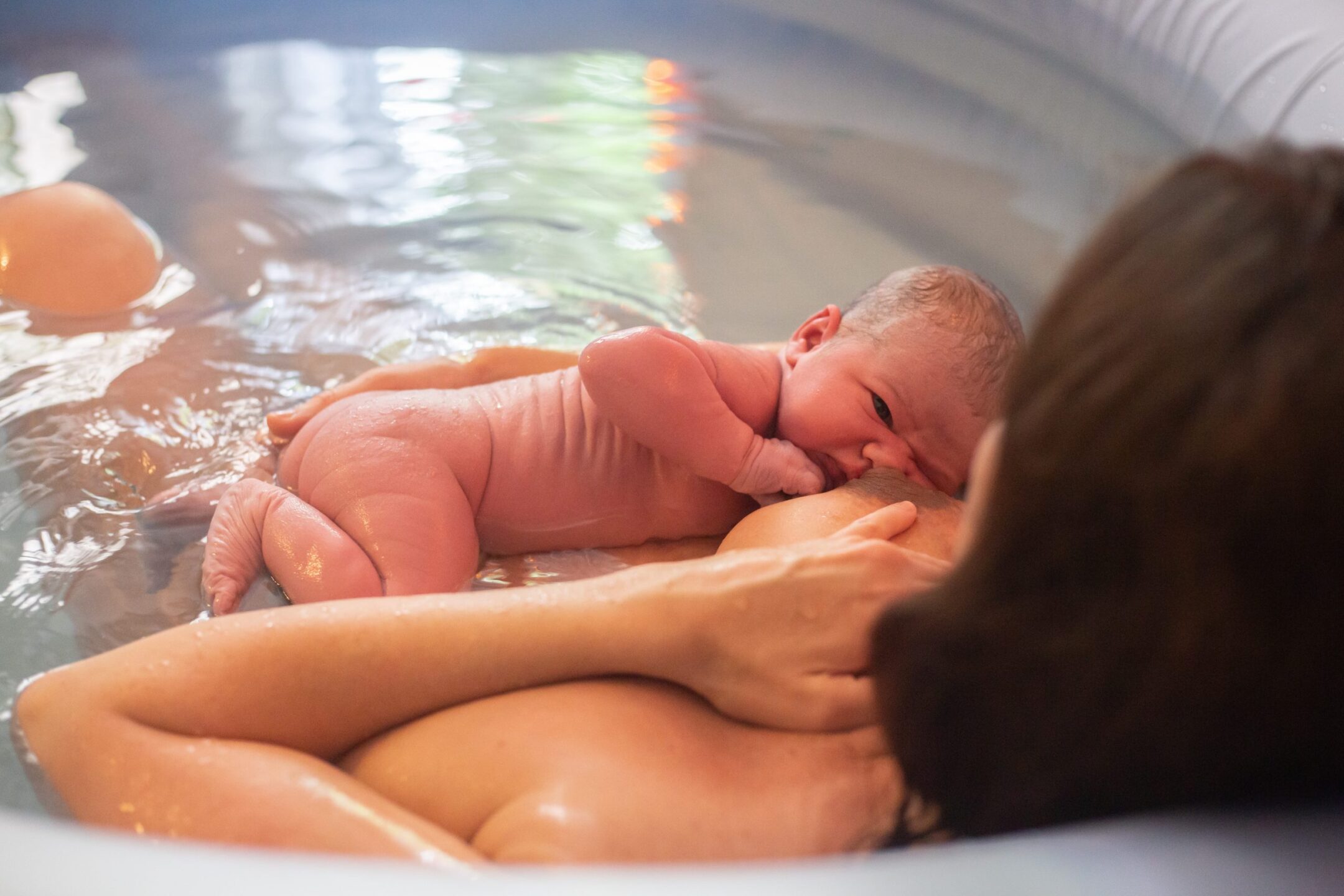 newborn baby drinking milk from his mother in a home birthing pool