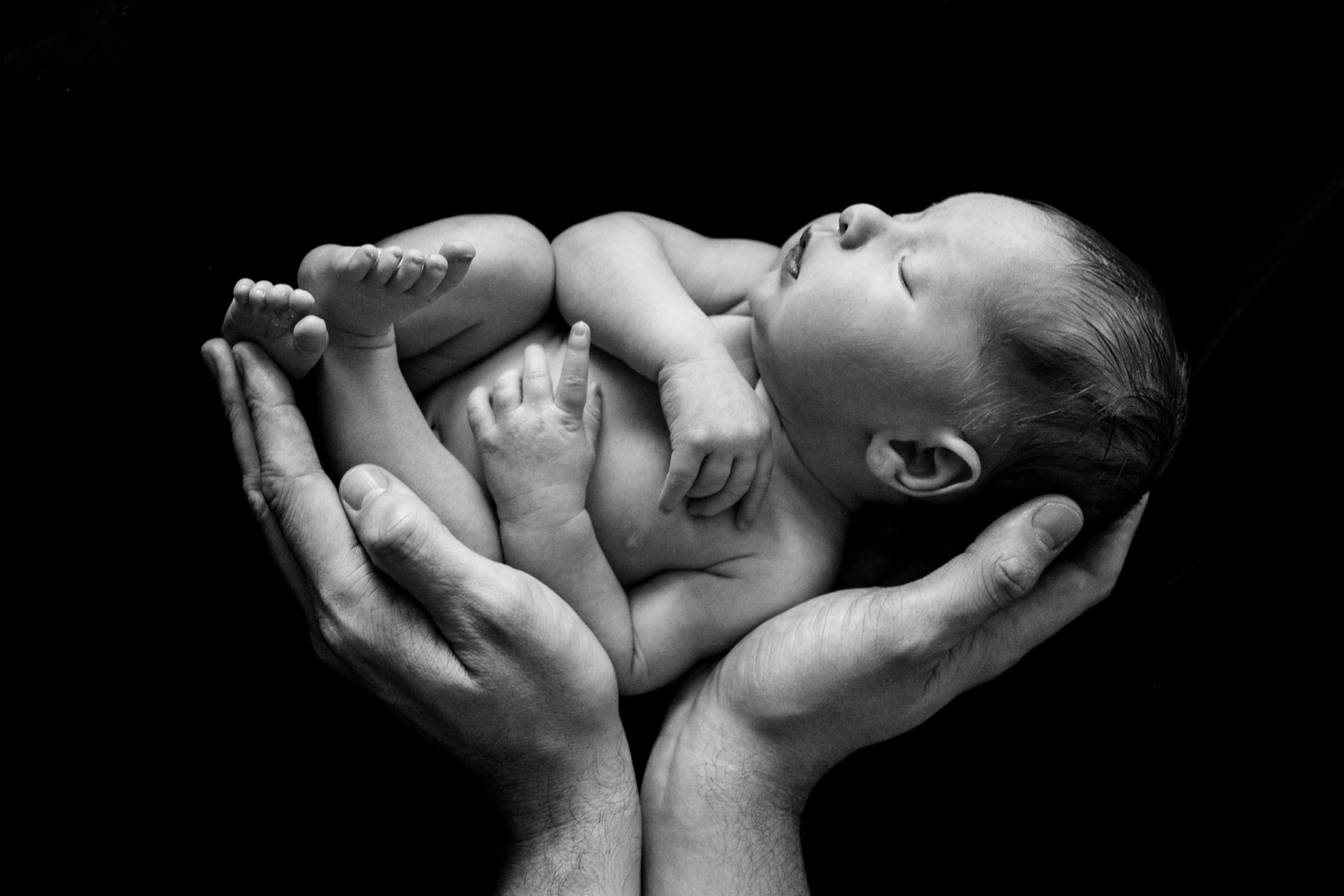 Newborn baby held in his father's hands in black and white